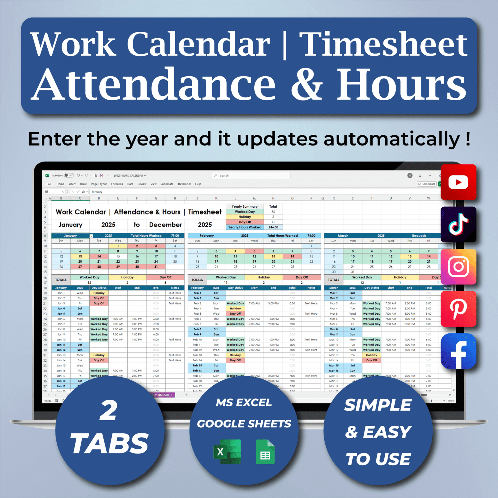 Work Hours Tracker Excel Template | Employee Timesheet & Log