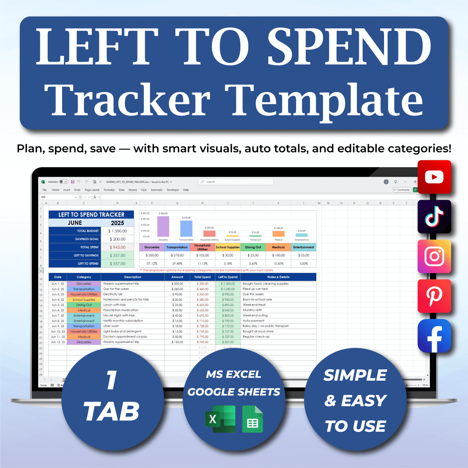 Left To Spend Tracker | Budget Spreadsheet Google Sheets & Excel