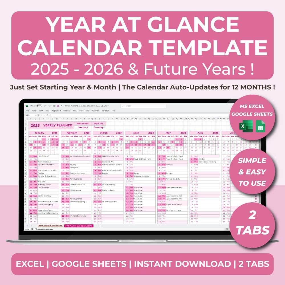 One-Page Annual Excel Calendar Template | Monthly Overview