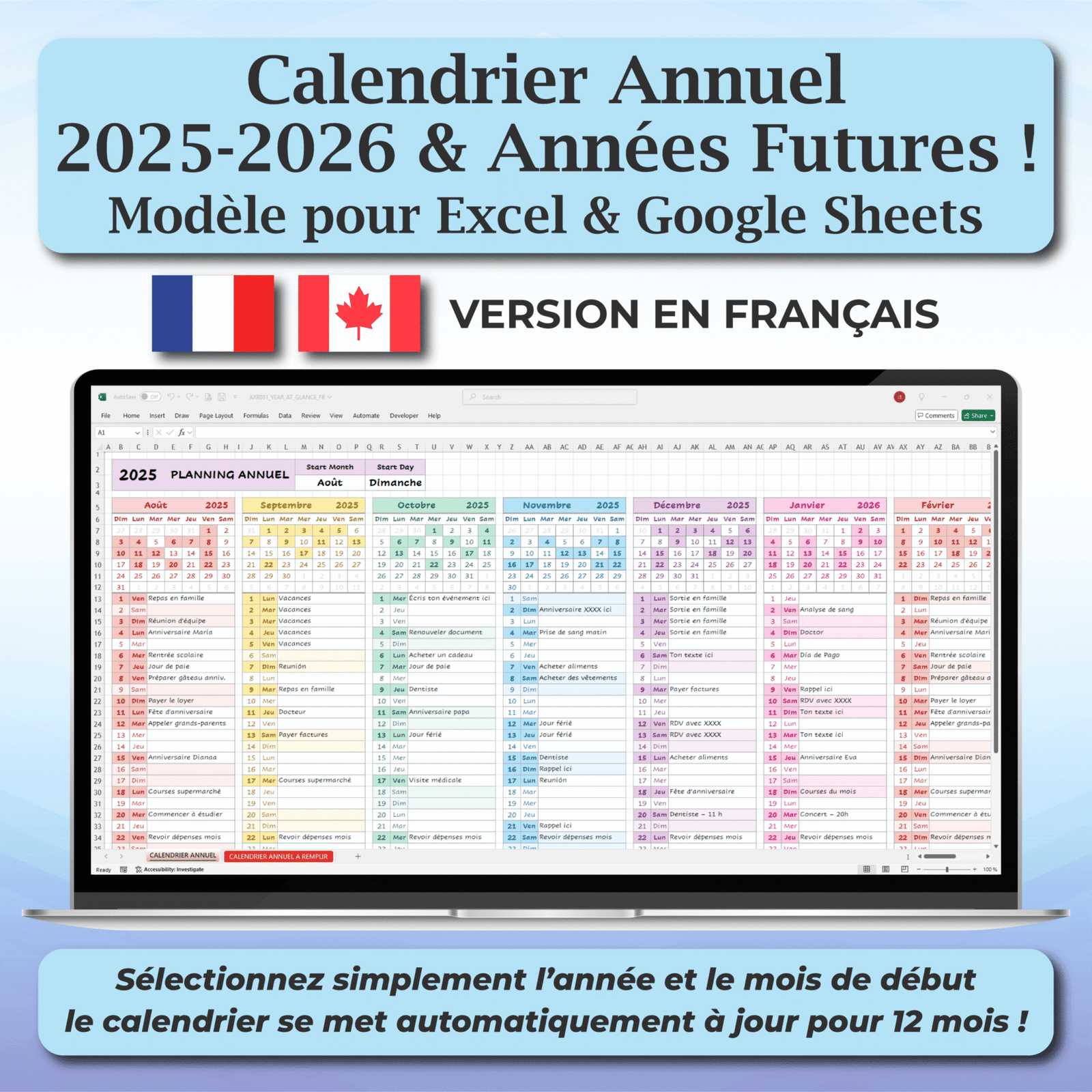 Home Year at a Glance Excel Organizer | Calendar Template Sheet