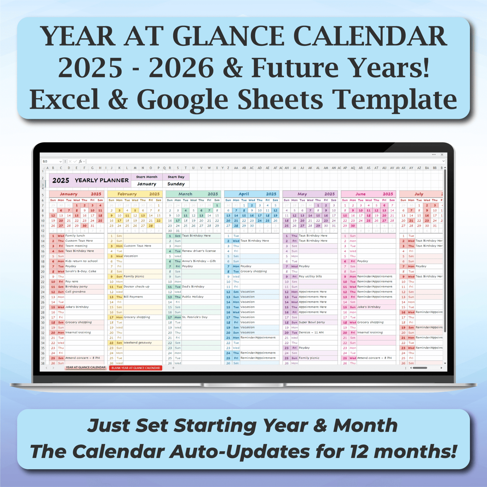 Home Year at a Glance Excel Calendar Template | Annual Planner