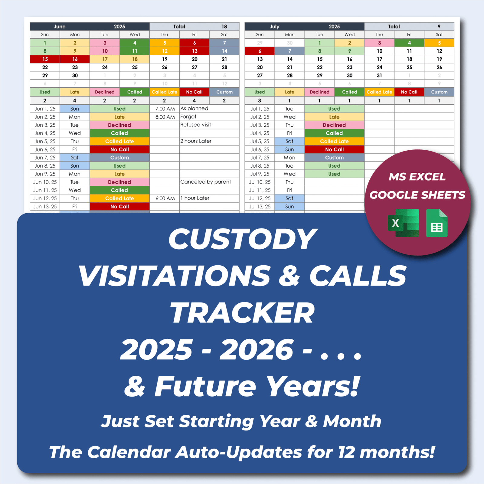 Coparenting Calendar & Custody Tracker | Parenting Log Excel & Sheets