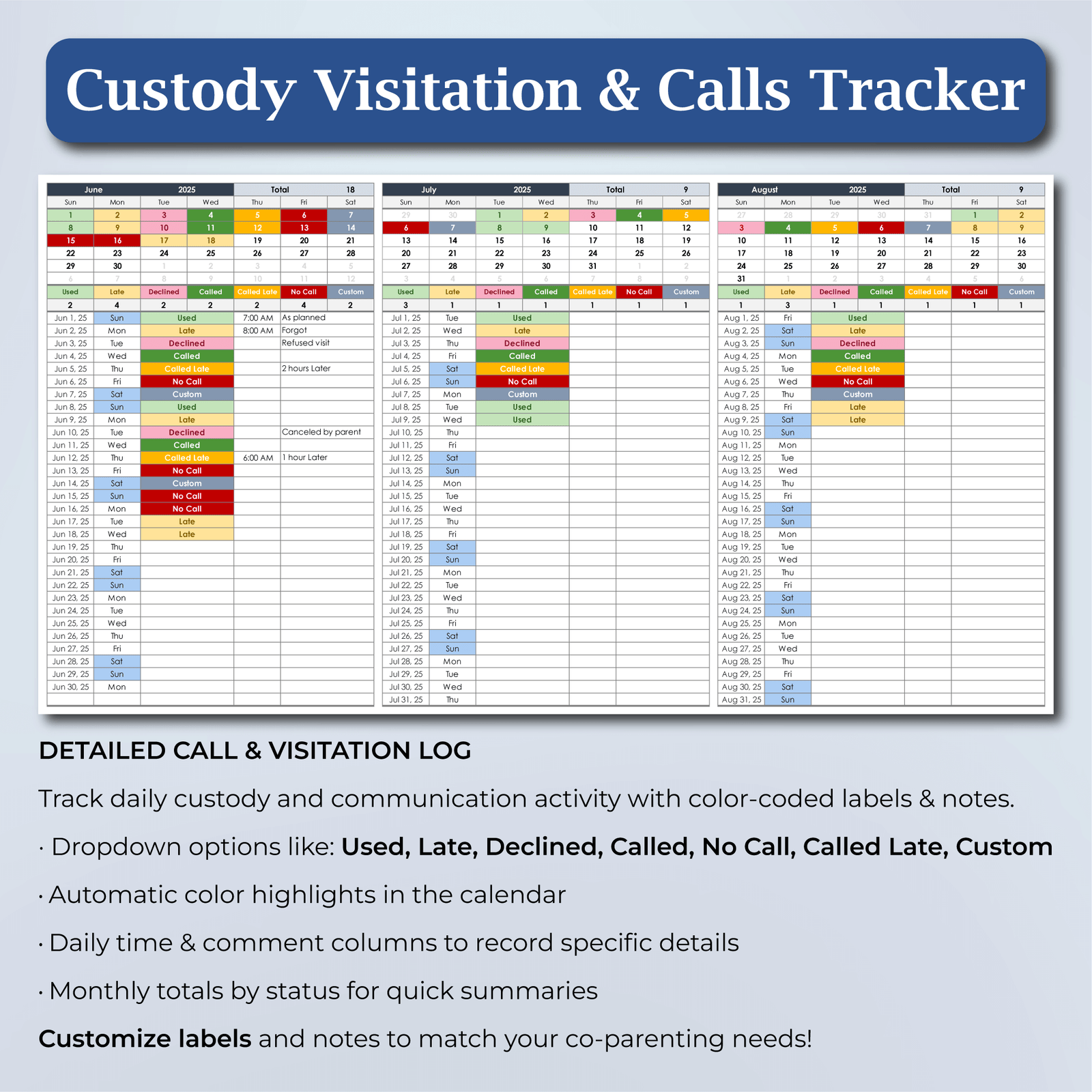 Coparenting Calendar & Custody Tracker | Parenting Log Excel & Sheets - Image 2