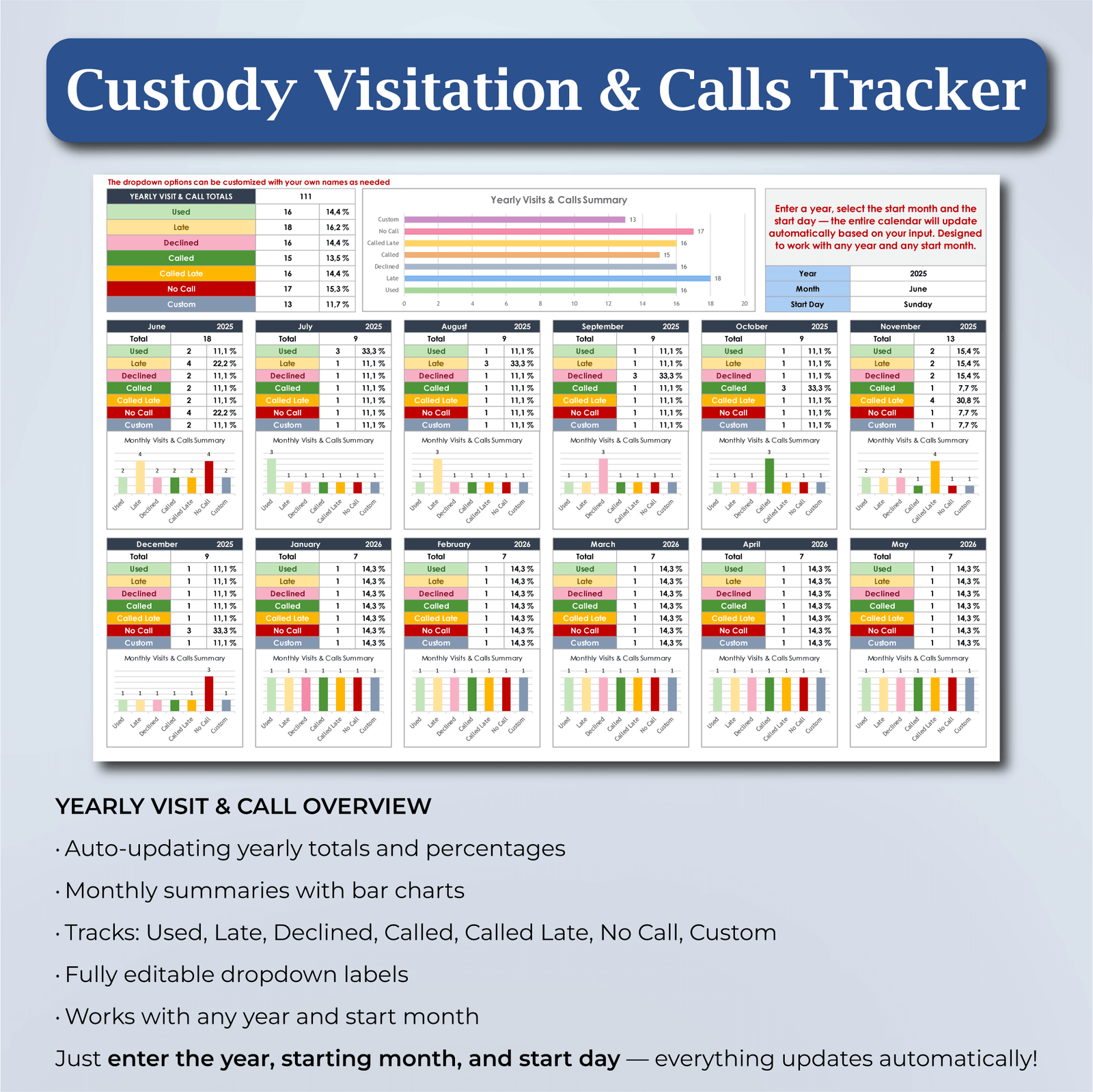 Coparenting Calendar & Custody Tracker | Parenting Log Excel & Sheets - Image 3