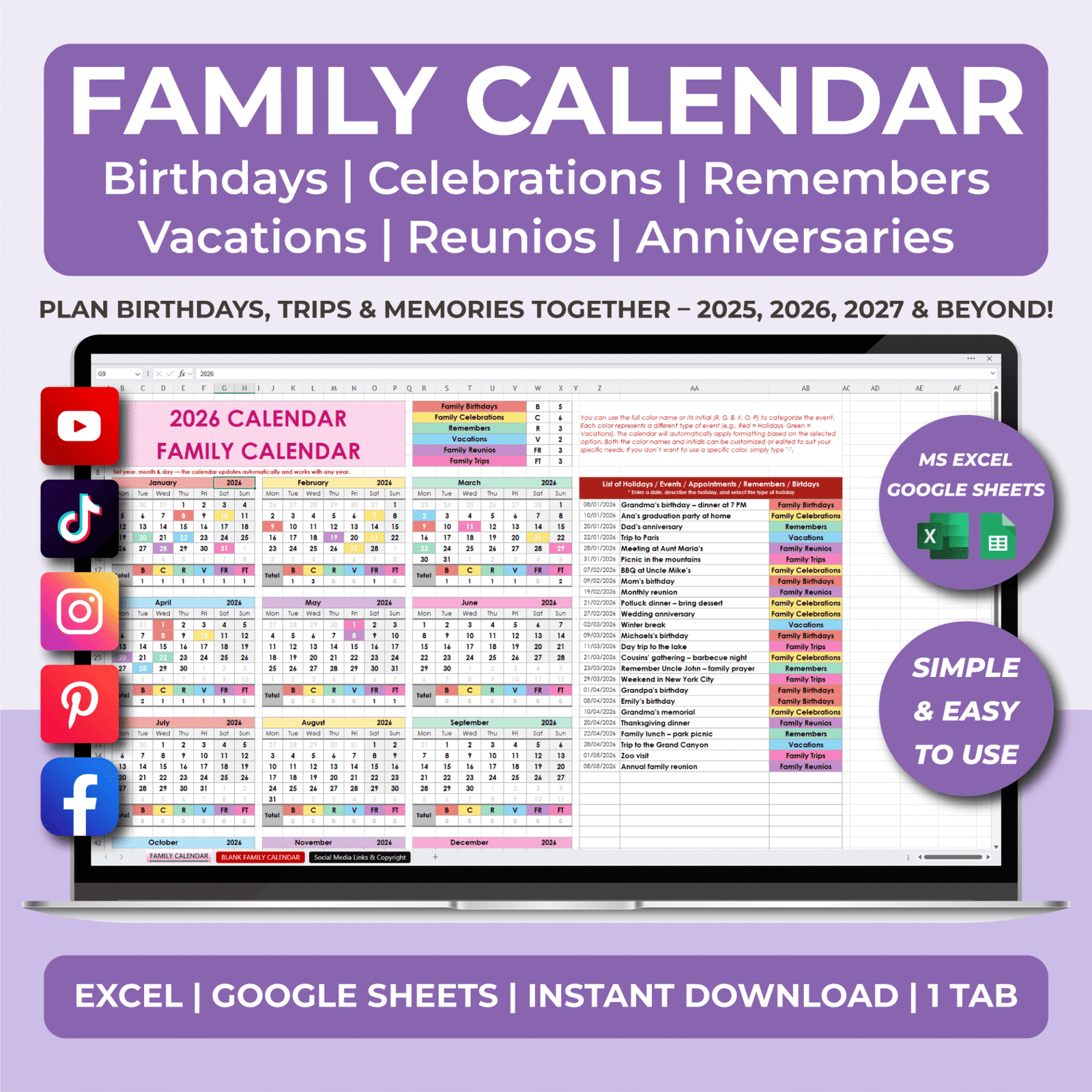 Family Calendar Template Excel & Google Sheets | LifeTime Calendar