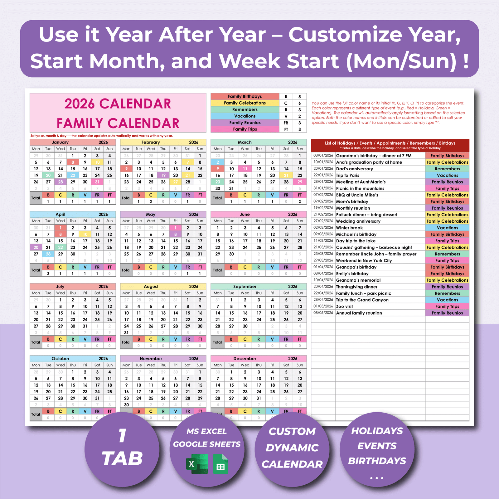 FAMILY_CALENDAR_EXCEL_GOOGLE_SHEETS_TEMPLATE_LV021-02.png Family Calendar Template Excel & Google Sheets | LifeTime Calendar - Image 2
