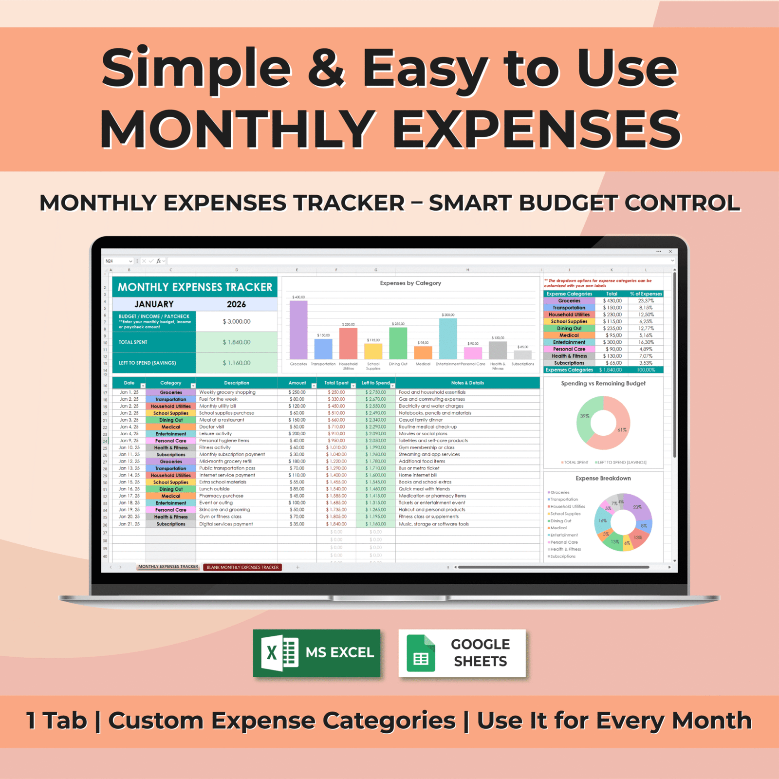 Monthly Budget & Expense Tracker for Excel & Google Sheets
