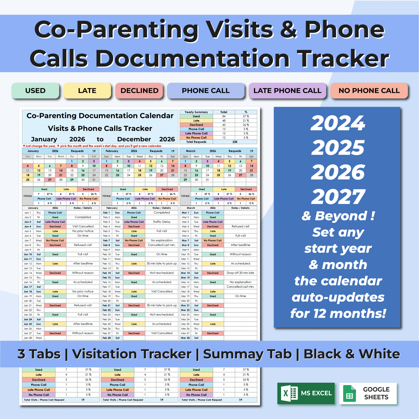 Co-Parenting Visitation & Phone Call Tracker | Excel & Sheets