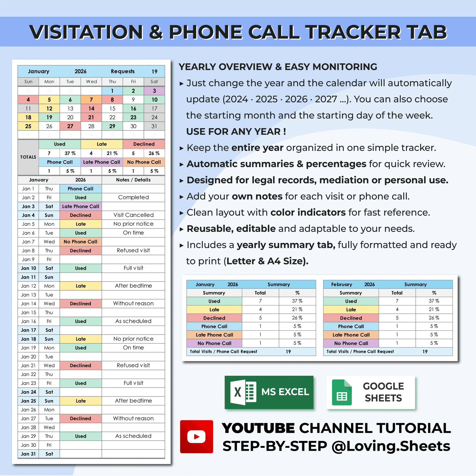 Co-Parenting Visitation & Phone Call Tracker | Excel & Sheets - Image 2