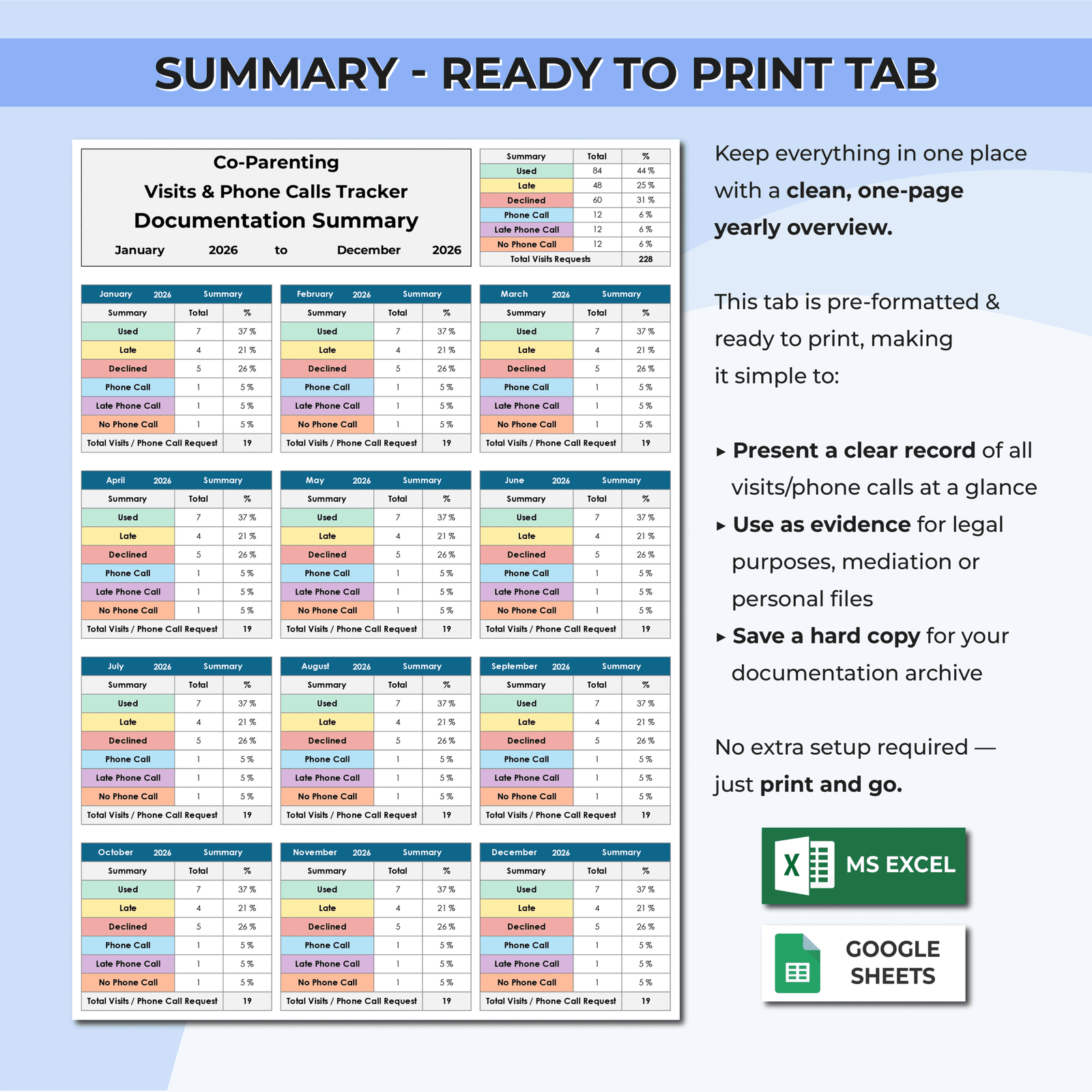 Co-Parenting Visitation & Phone Call Tracker | Excel & Sheets - Image 3