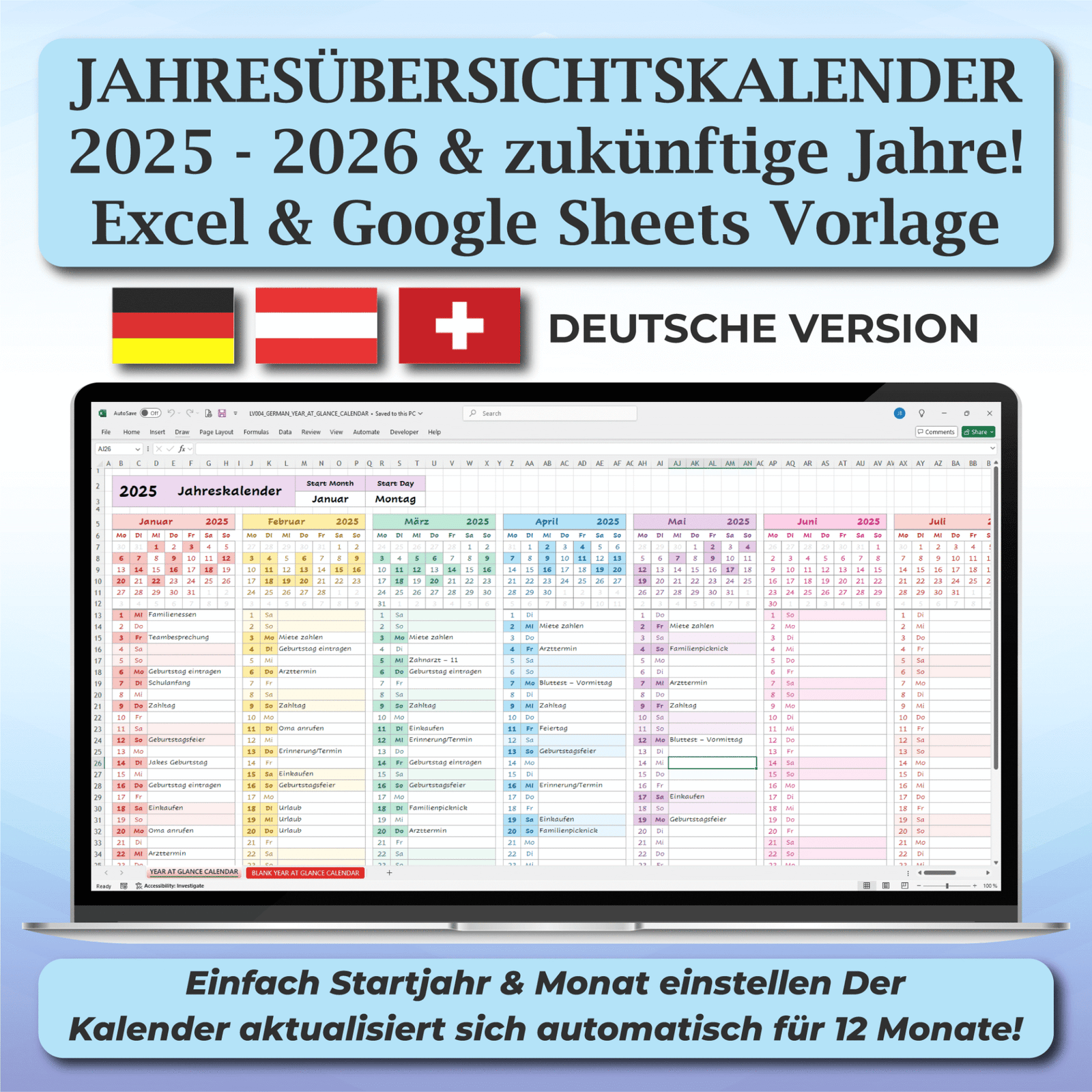 Smart Excel Calendar Template | Auto-Updating Yearly Planner