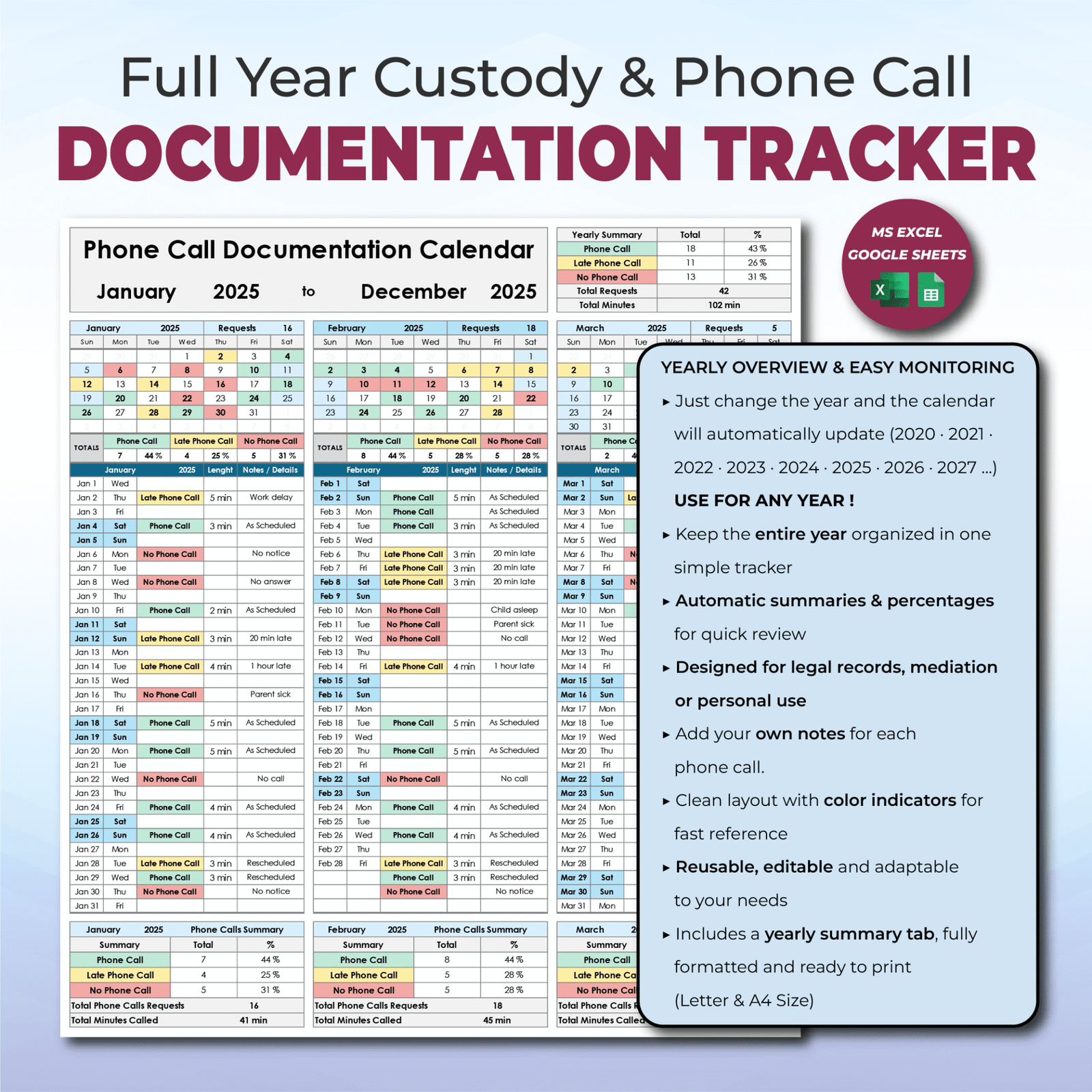 Custody Tracker & Parenting Time Log – Co-Parenting Sheet