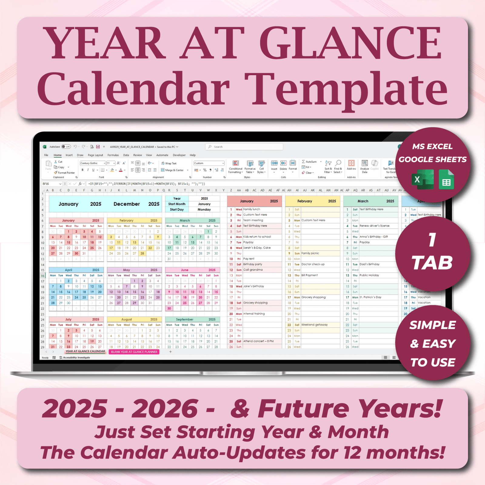 Annual Excel Planner Template | One-Page Year at a Glance