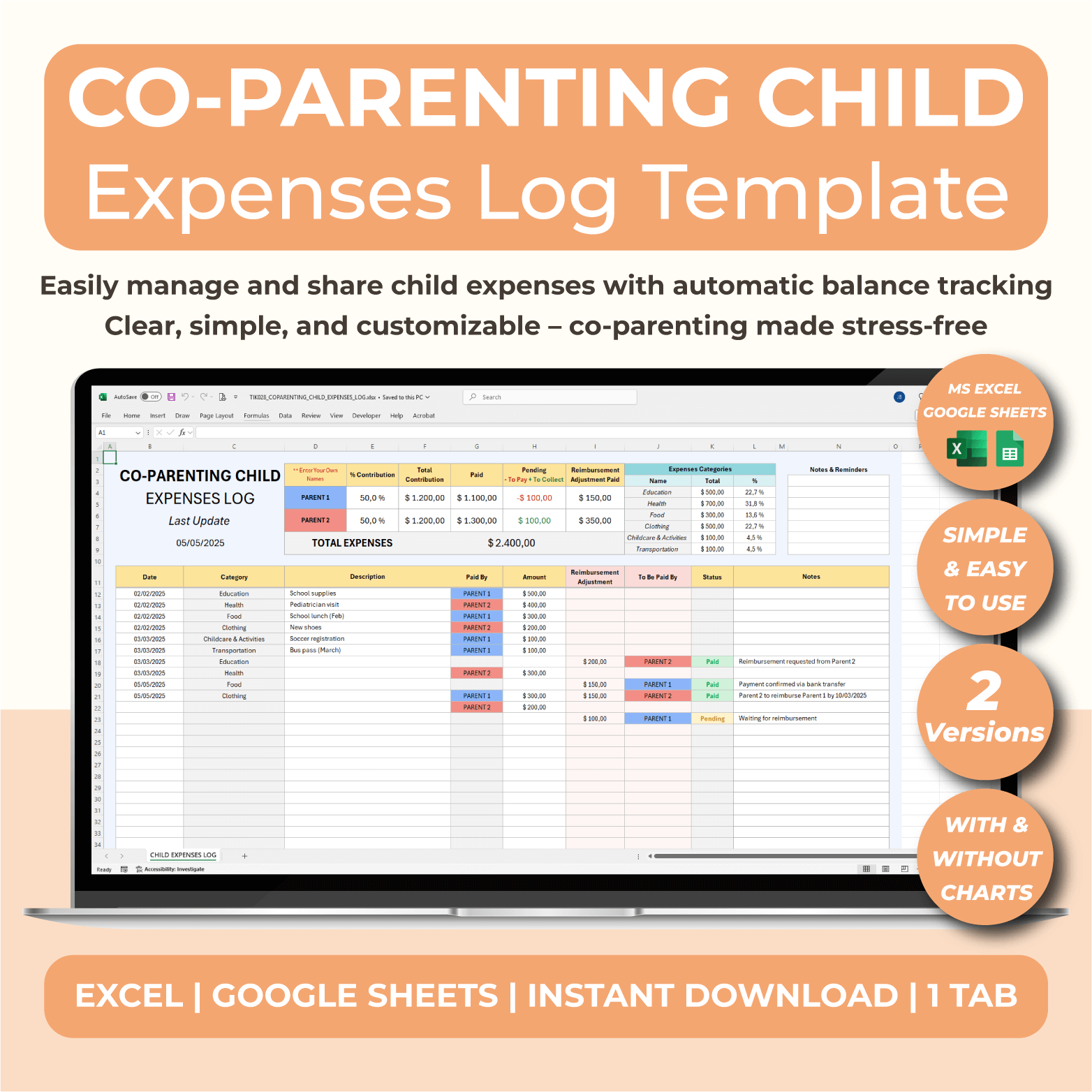 Home Co Parenting Child Expense Log – Custody Costs Tracker