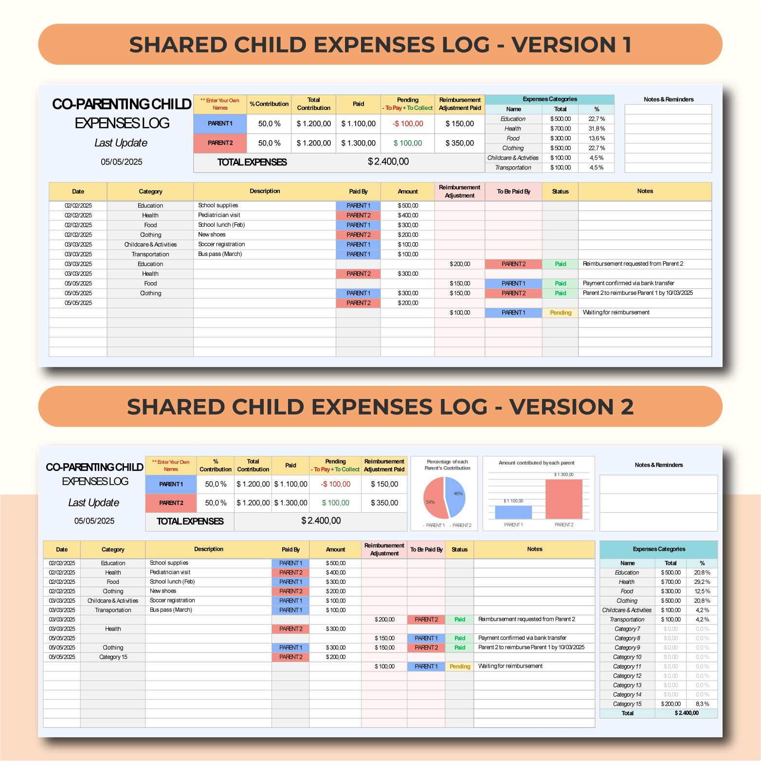 LV018_COPARENTING_CHILD_EXPENSES_LOG_2.png Co Parenting Child Expense Log – Custody Costs Tracker - Image 2