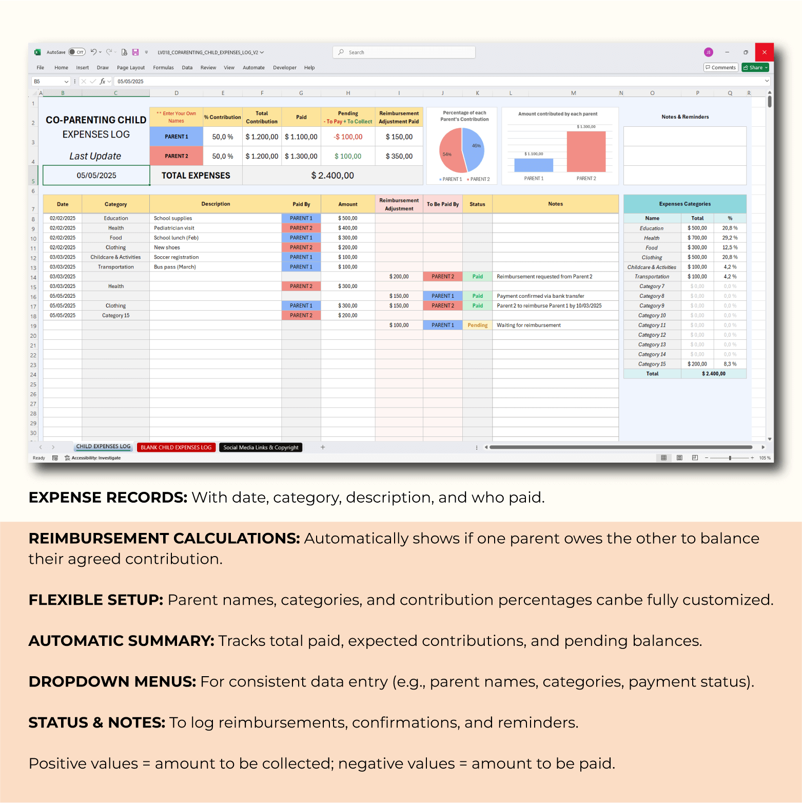 LV018_COPARENTING_CHILD_EXPENSES_LOG_3.png Co Parenting Child Expense Log – Custody Costs Tracker - Image 3