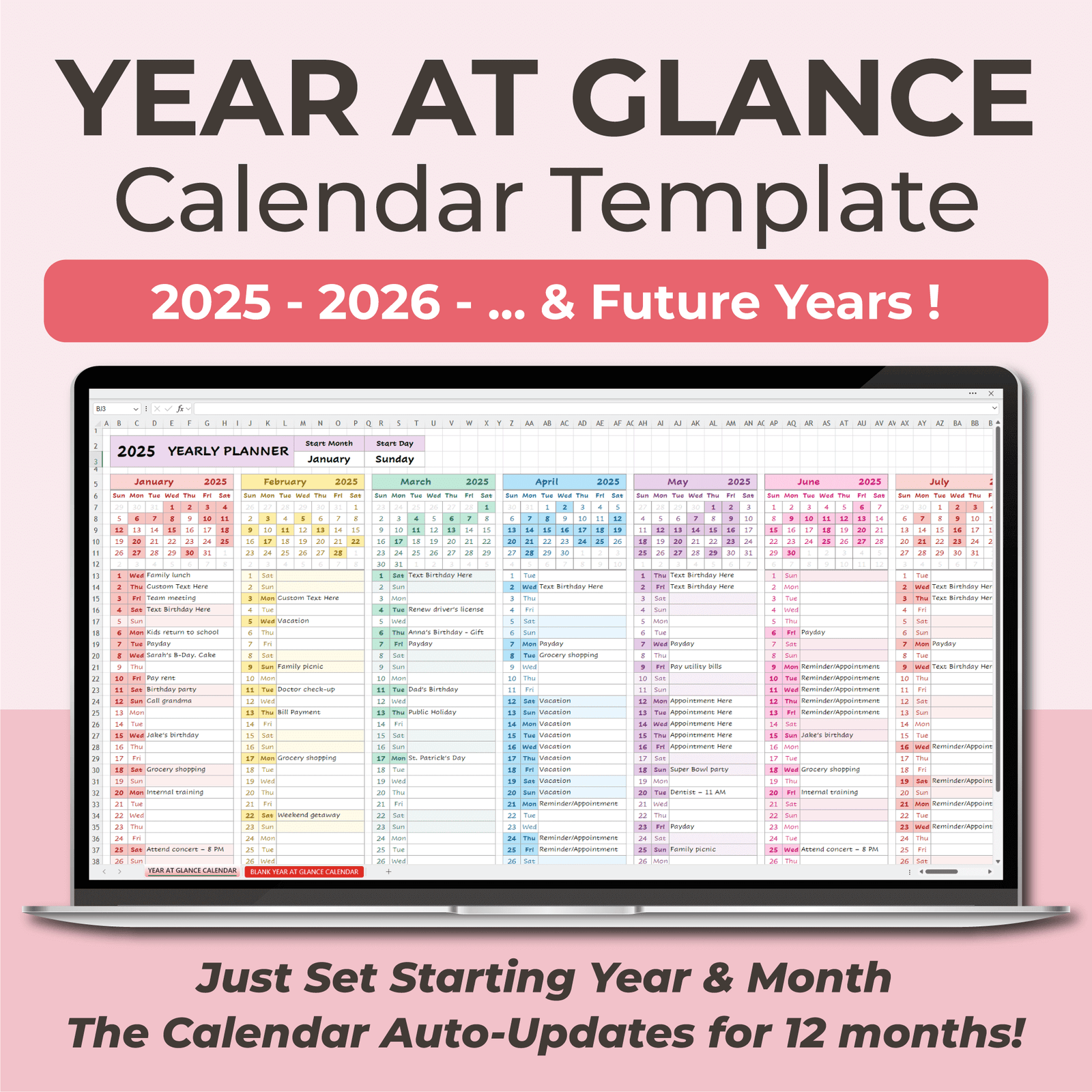 LV019_YEAR_AT_GLANCE_CALENDAR_EXCEL_GOOGLE_SHEETS.png Year at a Glance Excel Calendars Bundle | Set of 2 Templates - Image 2