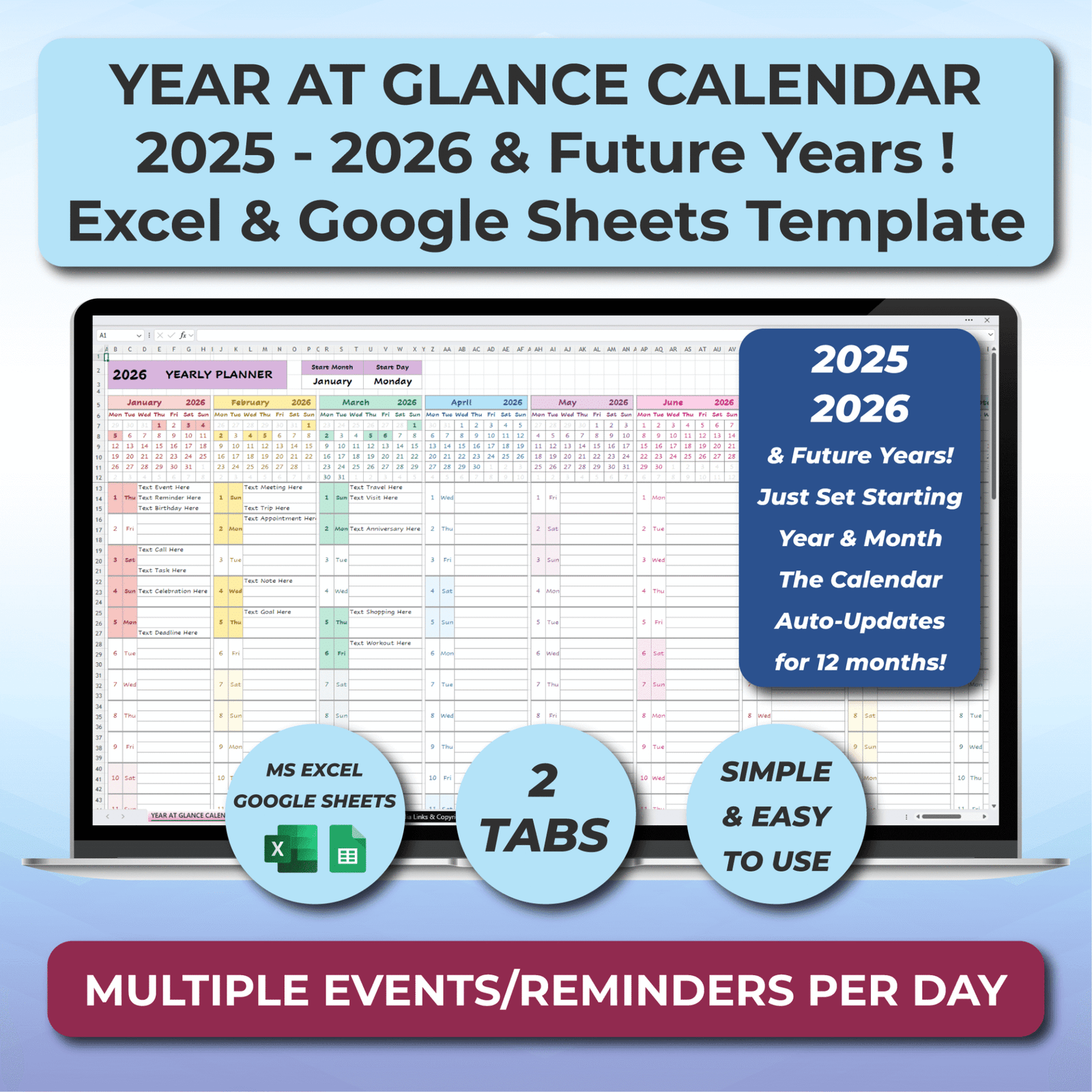 Yearly Calendar Template for Excel & Google Sheets | Editable Planner