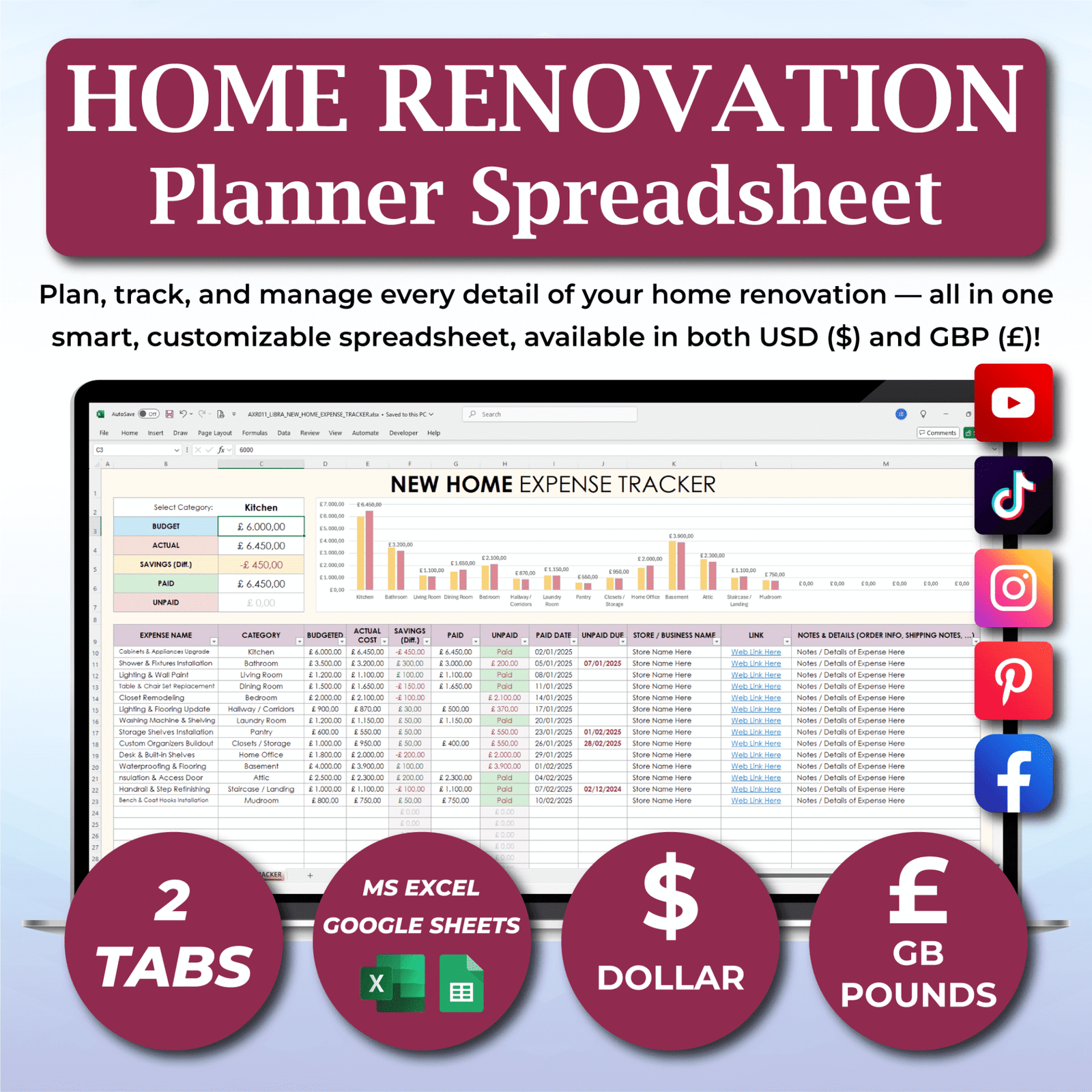 Home Renovation Budget Planner | Expense Tracker Spreadsheet