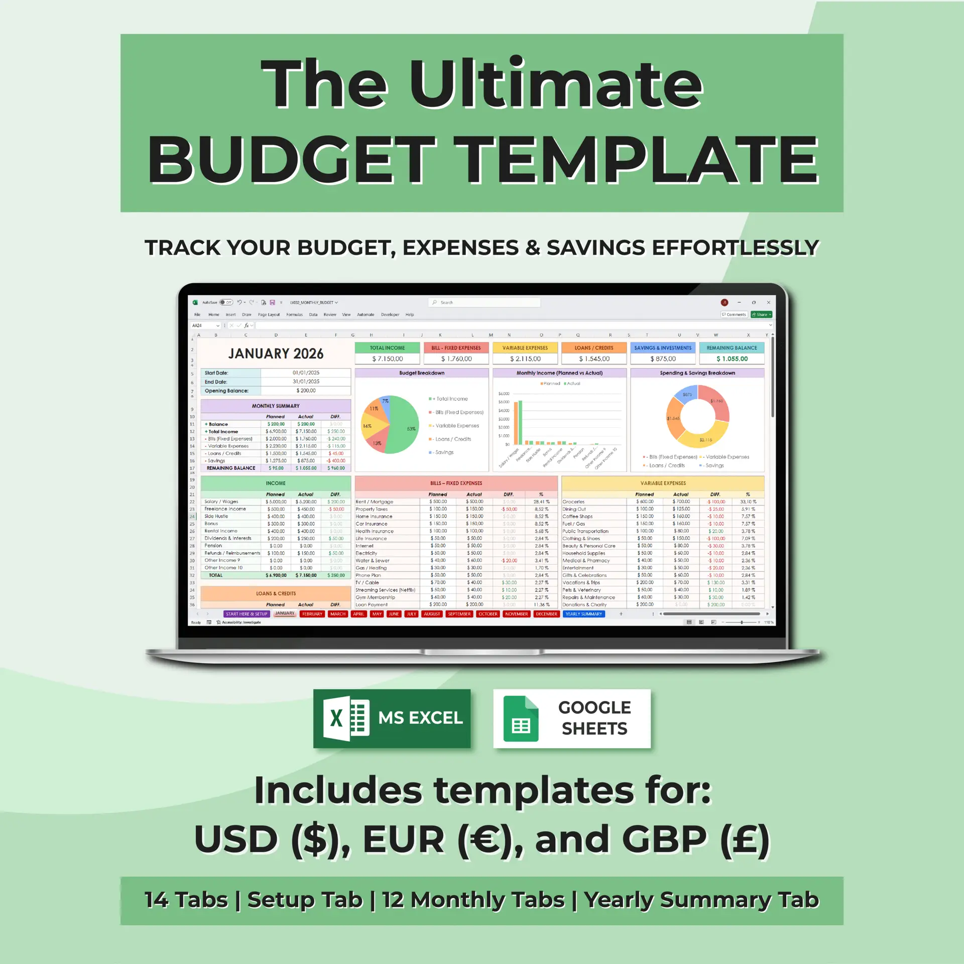 Simple 2026 Budget Planner for Excel & Google Sheets