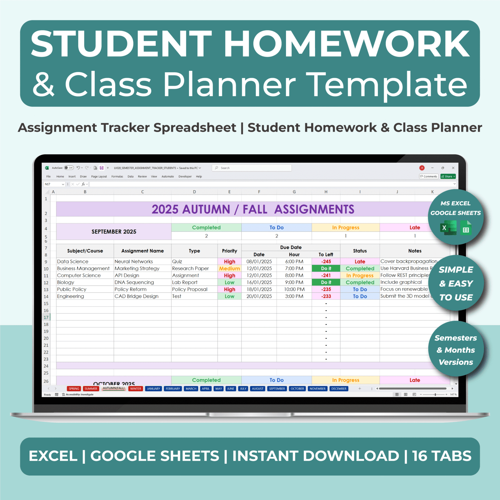 Student Assignment Tracker | Homework Planner Excel & Sheets