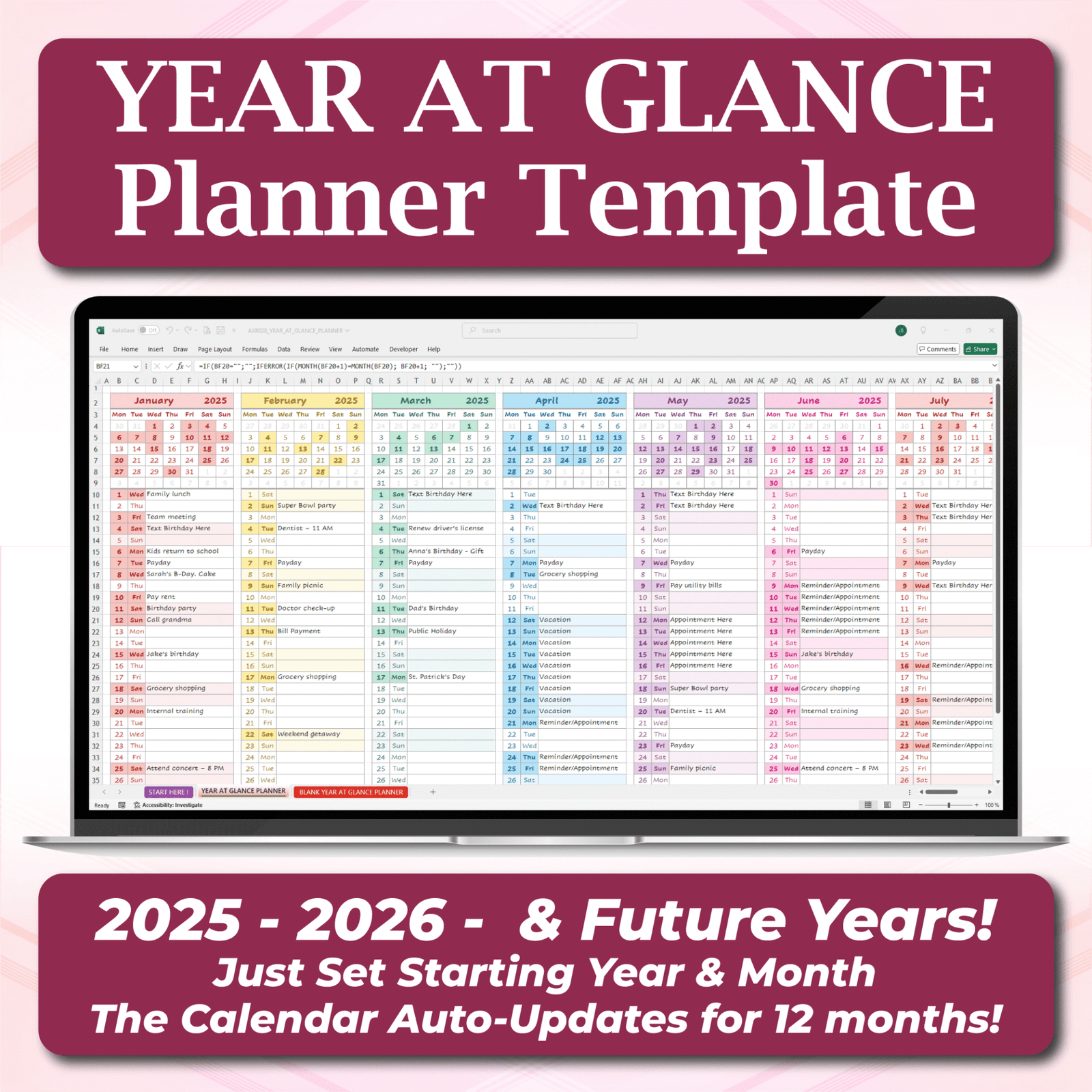 Editable Year at a Glance Excel Calendar | Annual Planner Template