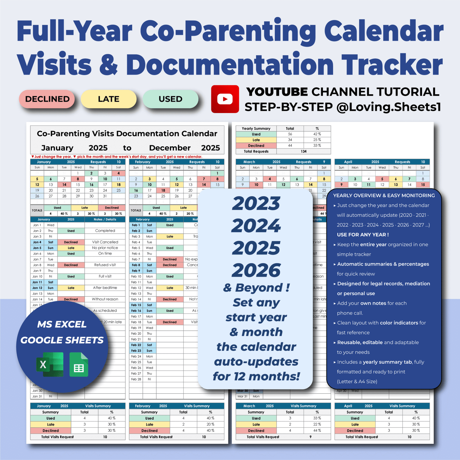Co-Parenting Custody Calendar Excel Template | Visit Tracker
